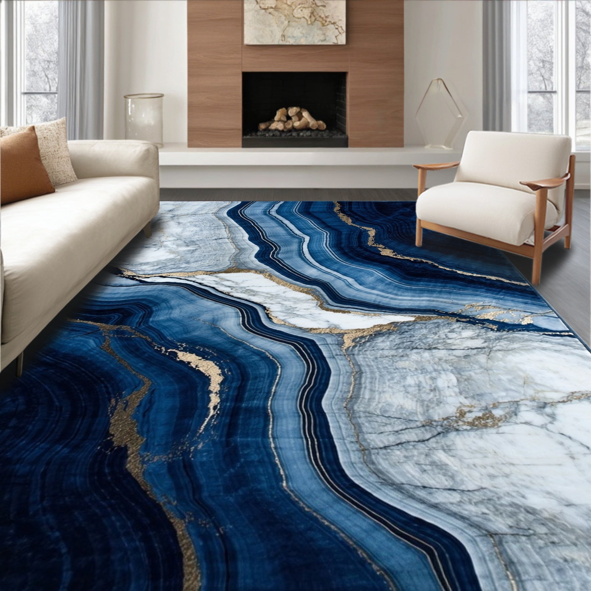 Deep Blue Marble Veined Gold Accent Rug