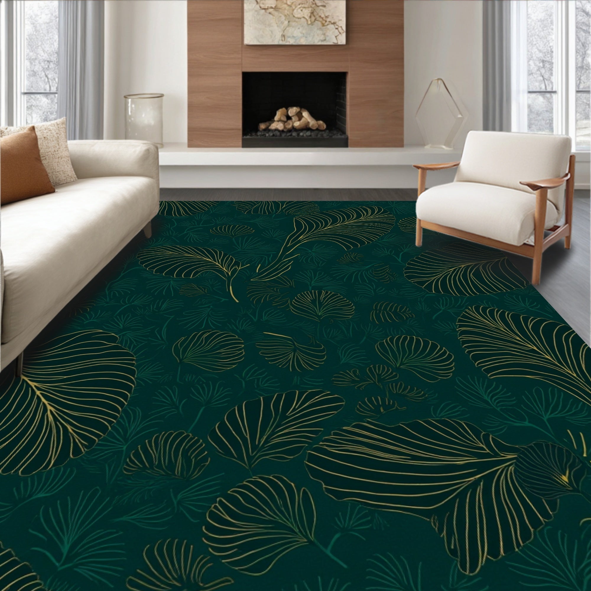 Earthy Green Leaf Line Art Rug