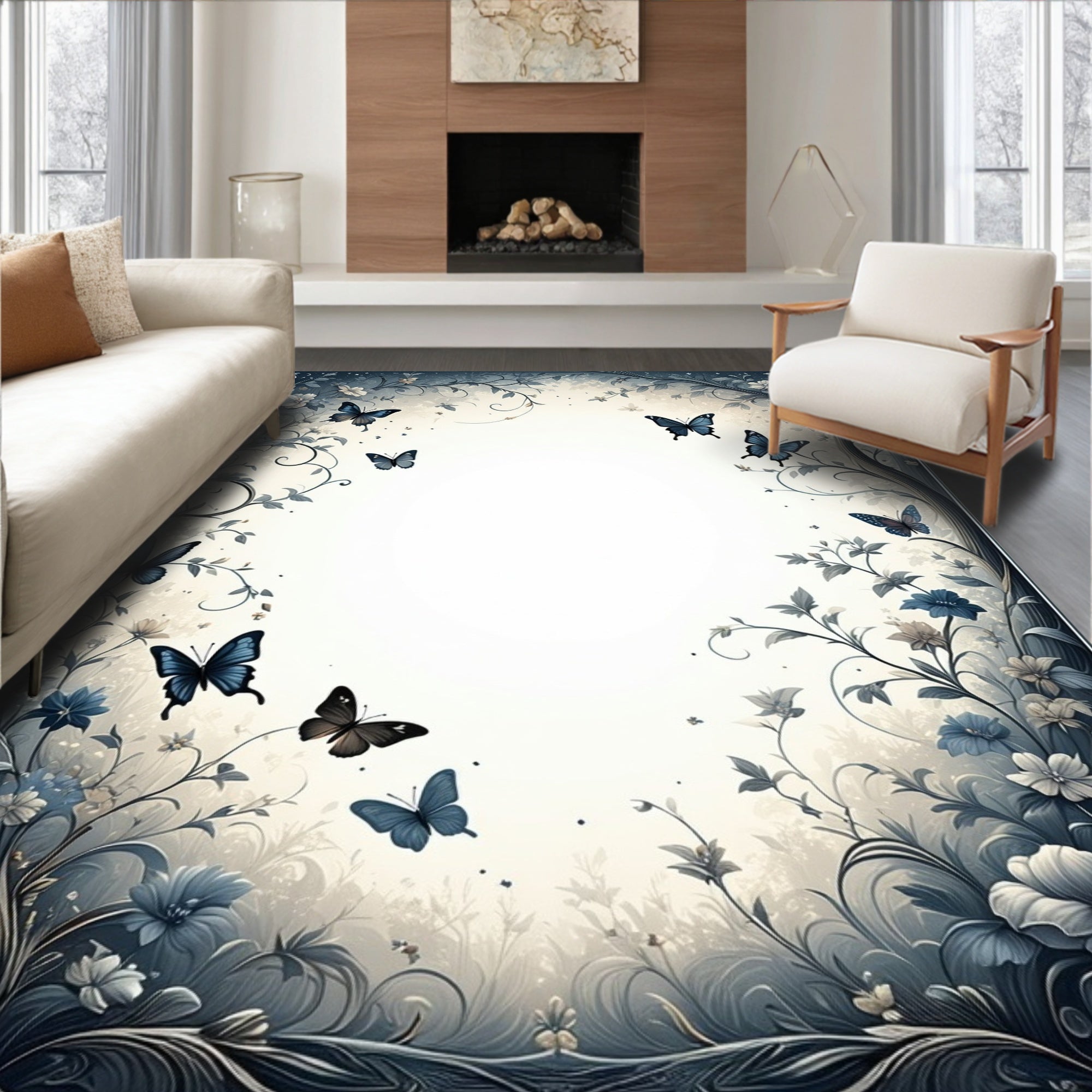 Enchanted Garden Butterfly Floral Design Rug