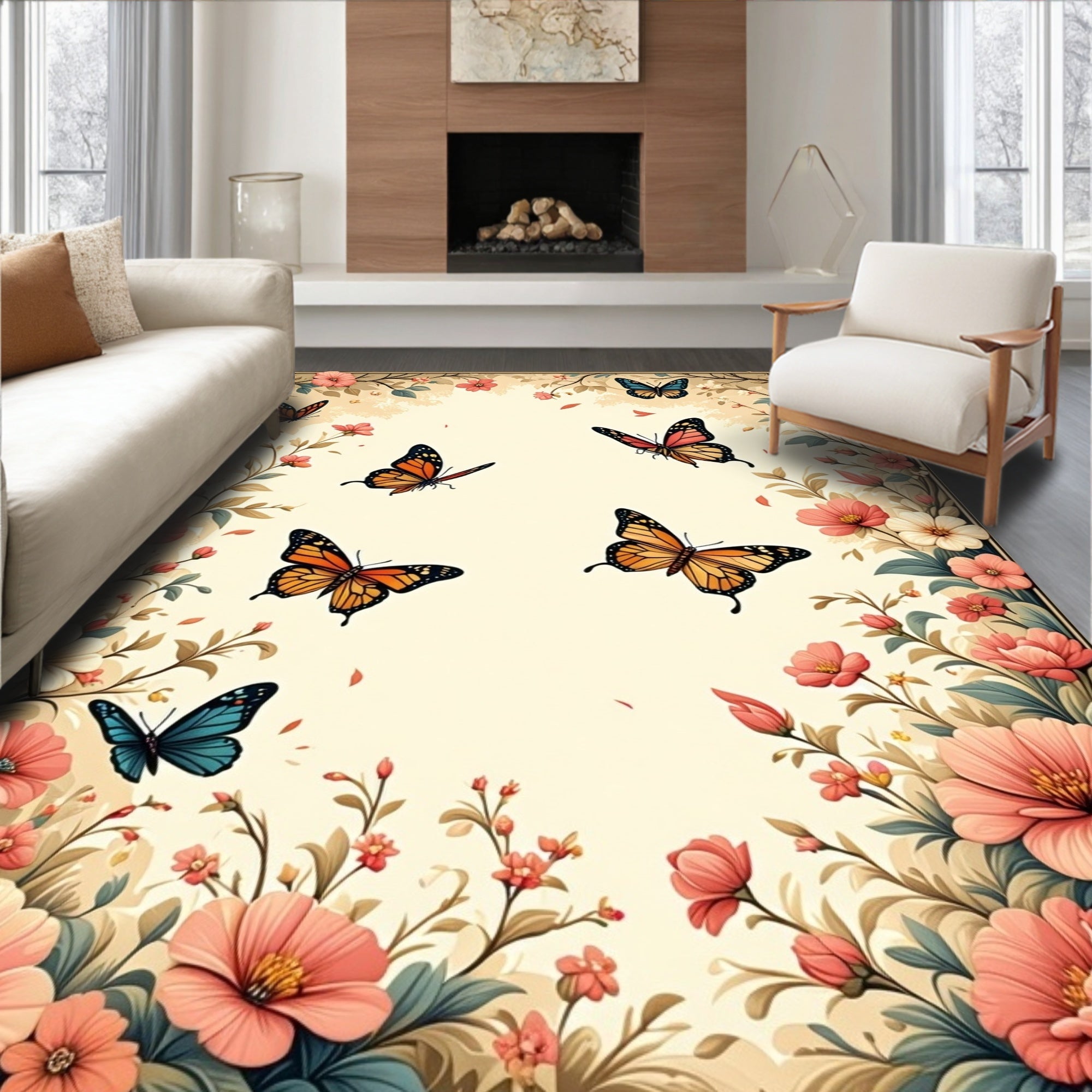 Fluttering Butterflies Floral Garden Rug