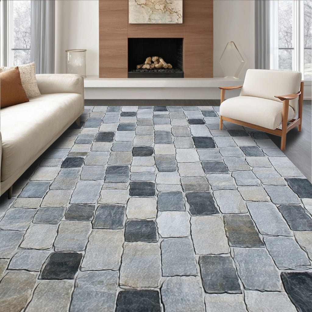 Stone Cobble Patterned Gray Rug