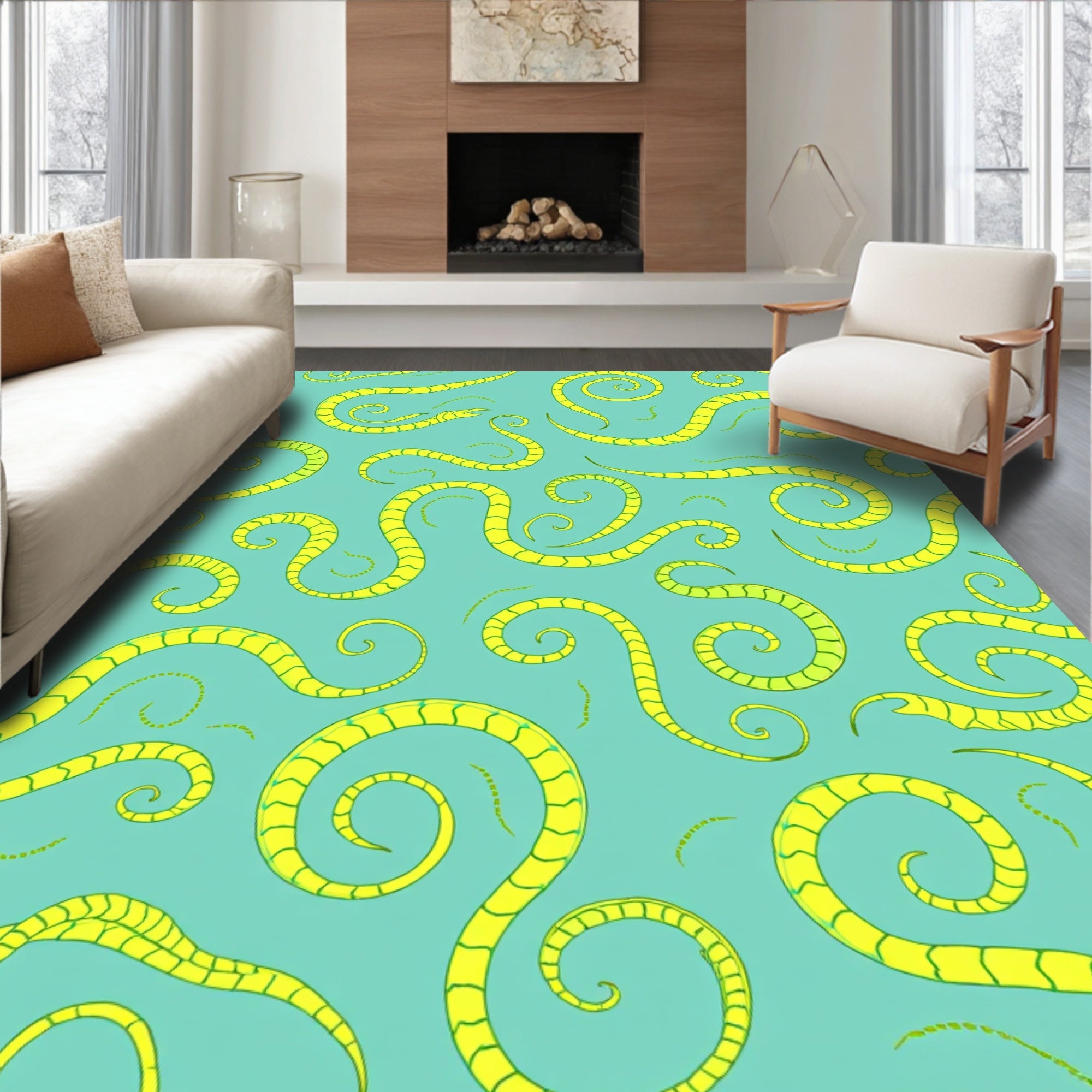 Whimsical Yellow Wavy Serpent Pattern Rug