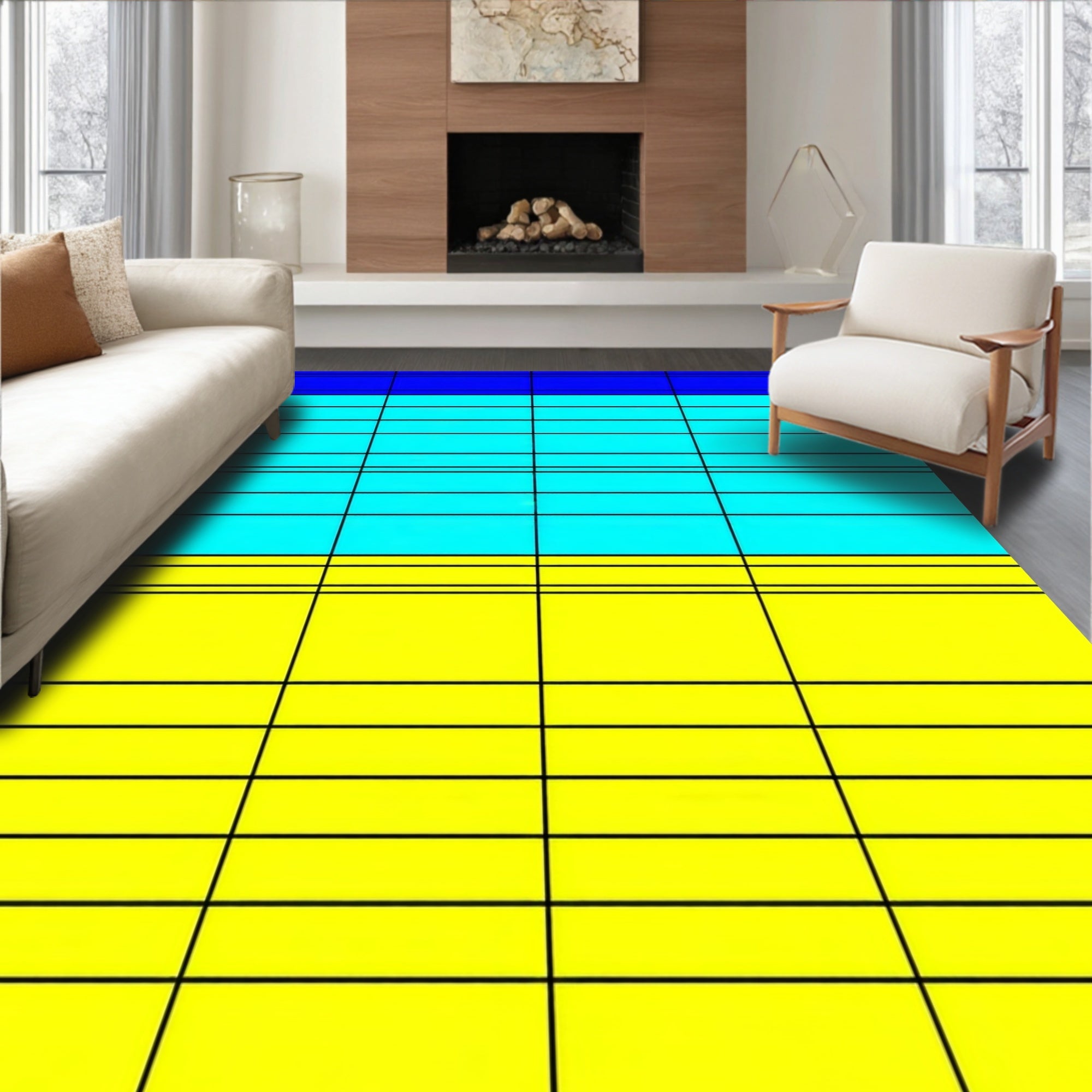 Bold Blue Yellow Stripe Grid Rug