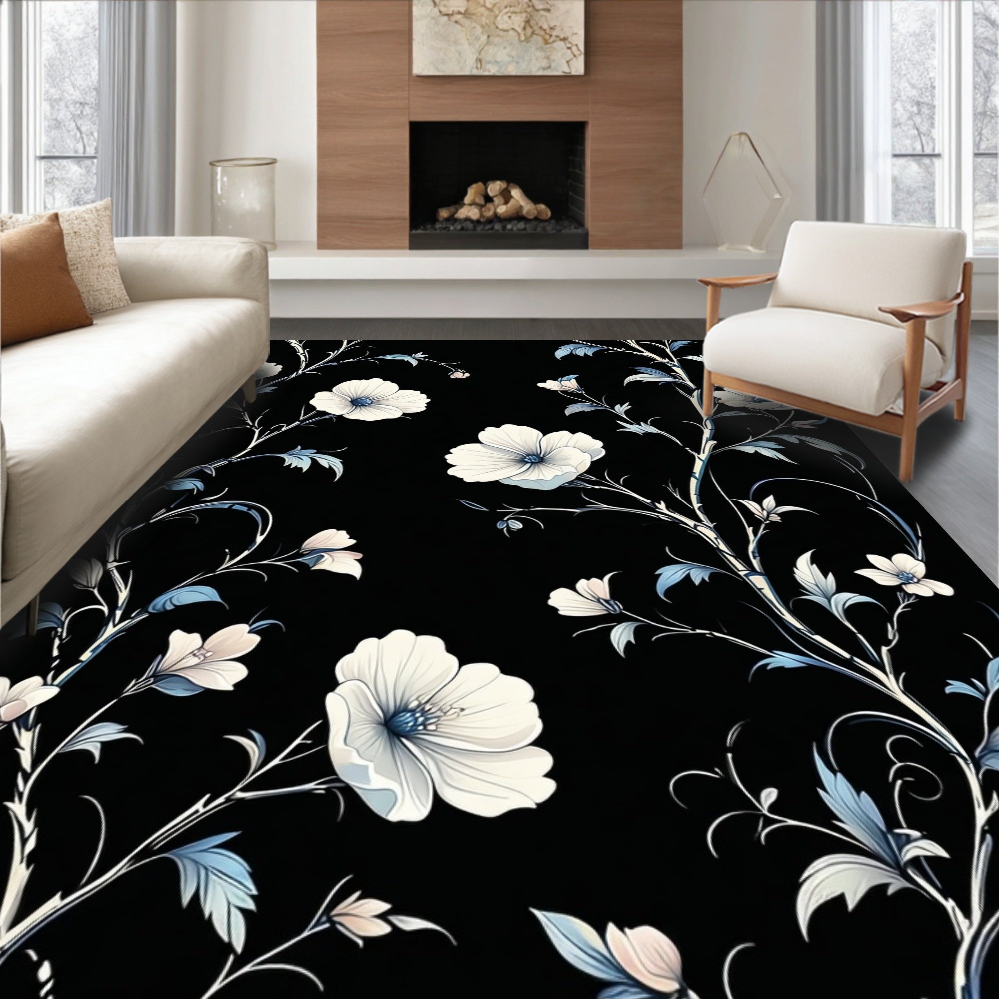 Chic floral vine with white flowers Rug