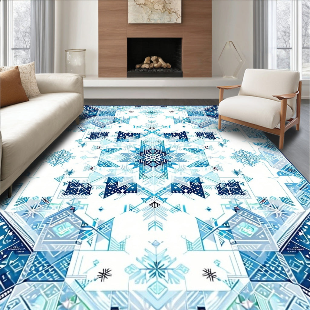 Intricate Blue Geometric Snowflake Pattern Rug