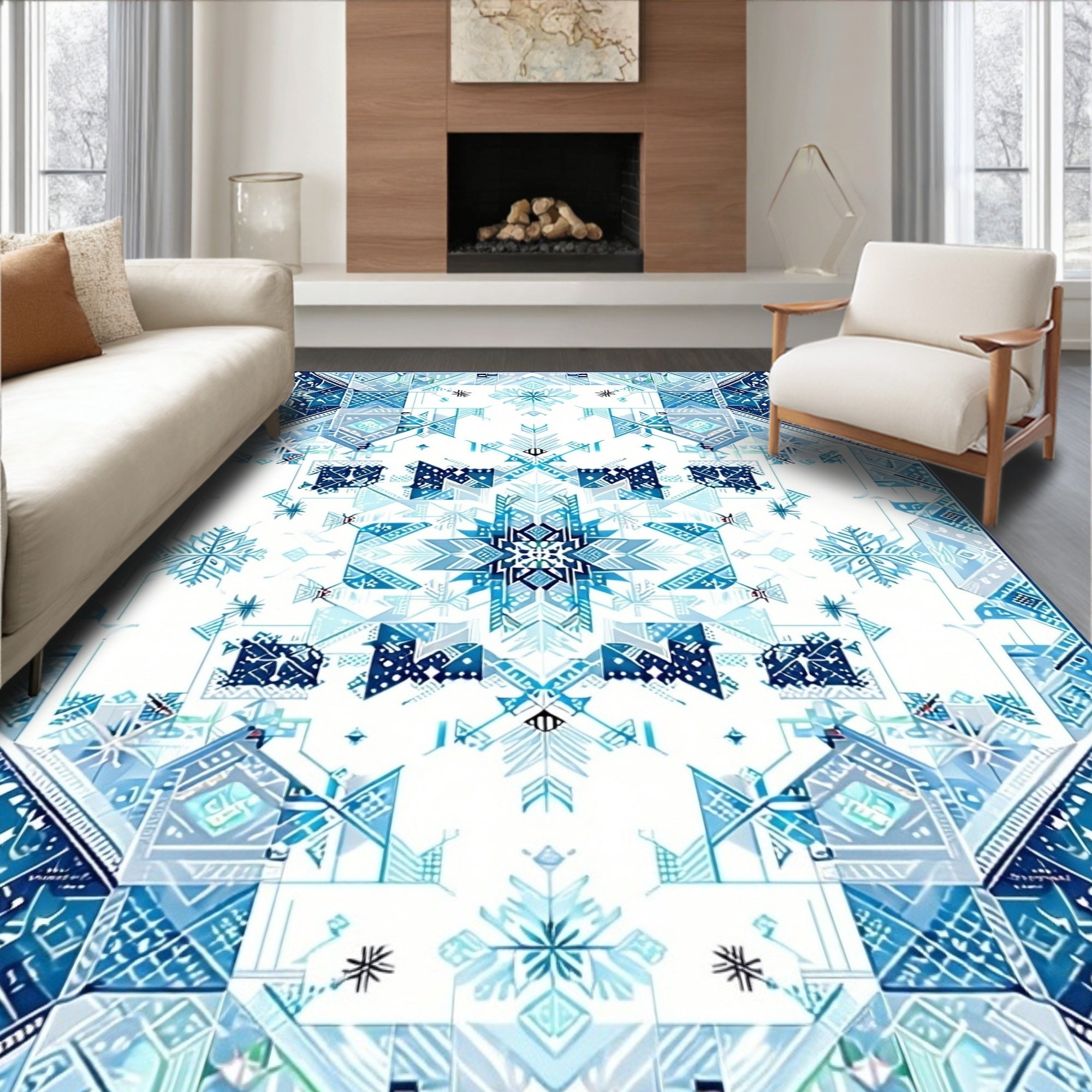 Intricate Blue Geometric Snowflake Pattern Rug