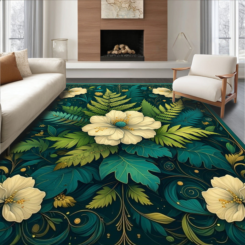 Emerald Jungle Floral Fern Design Rug