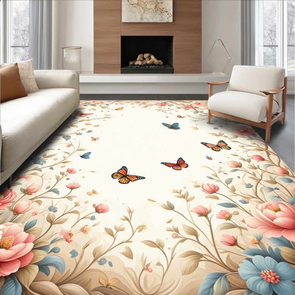 Whimsical Floral Butterfly Garden Rug