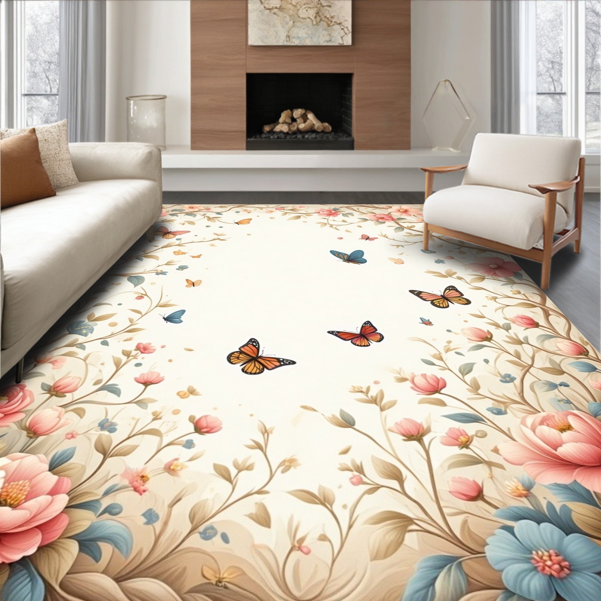 Whimsical Floral Butterfly Garden Rug