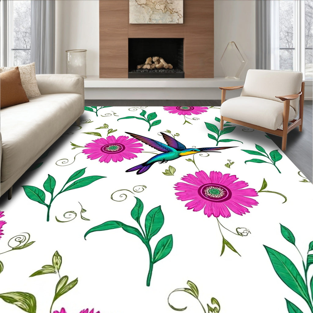 Vibrant Hummingbird Floral Garden Pattern Rug