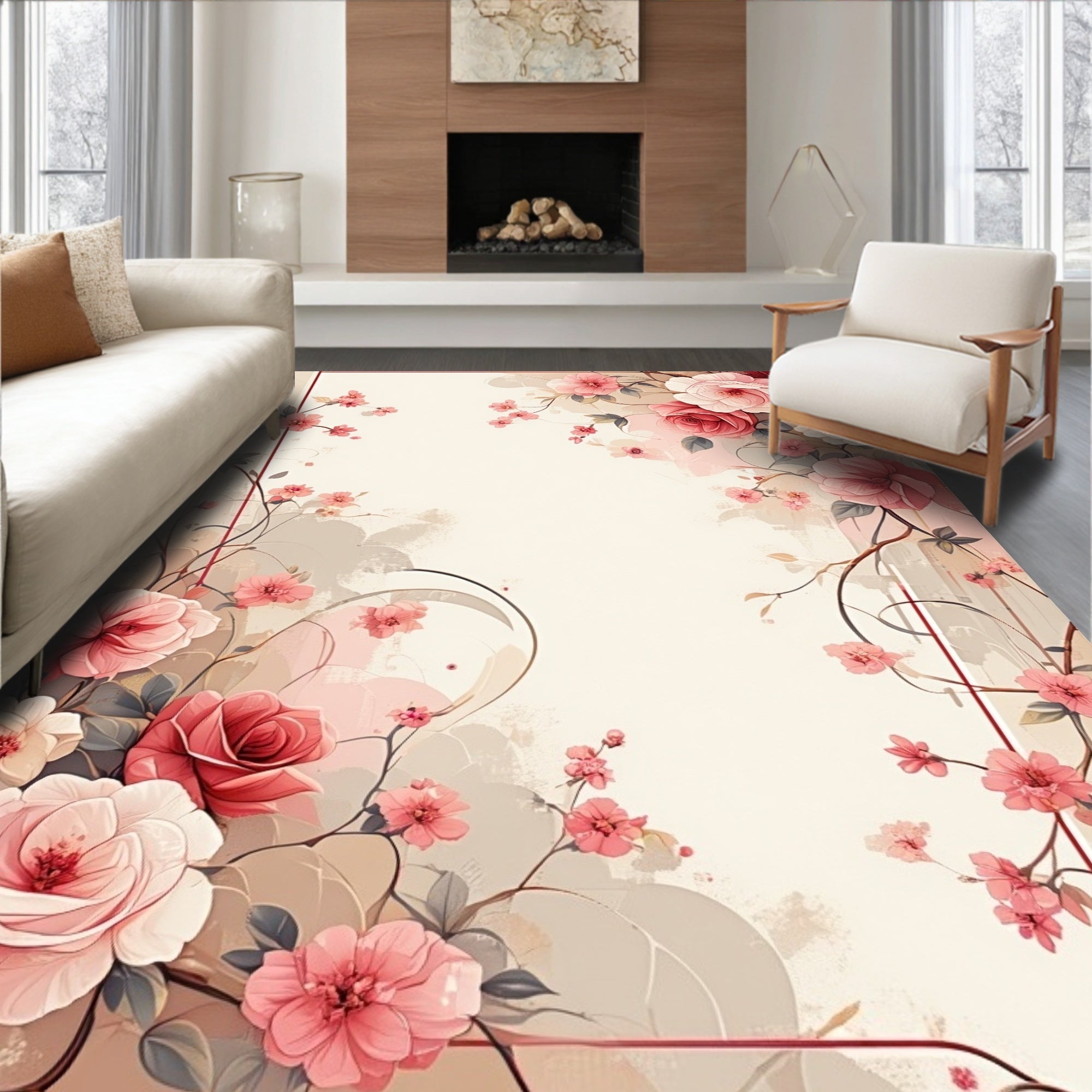 Soft Blush Floral Vine Design Rug