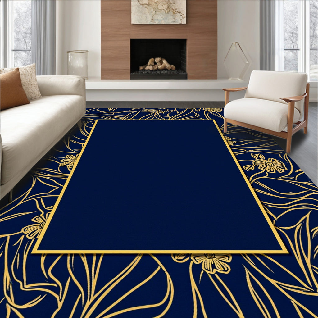 Navy Golden Floral Outline Pattern Rug