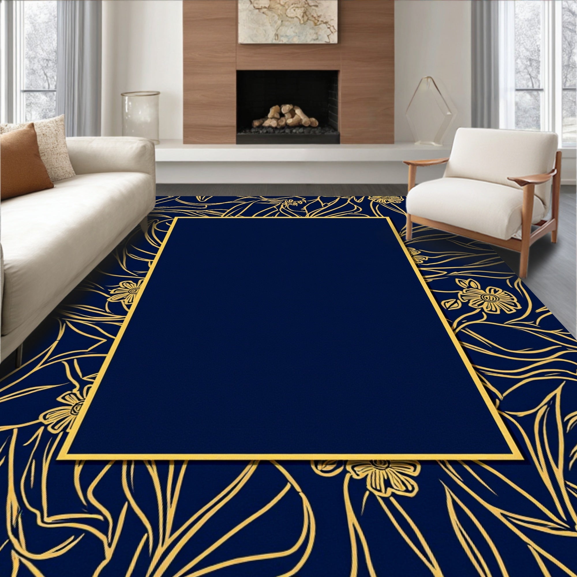 Navy Golden Floral Outline Pattern Rug