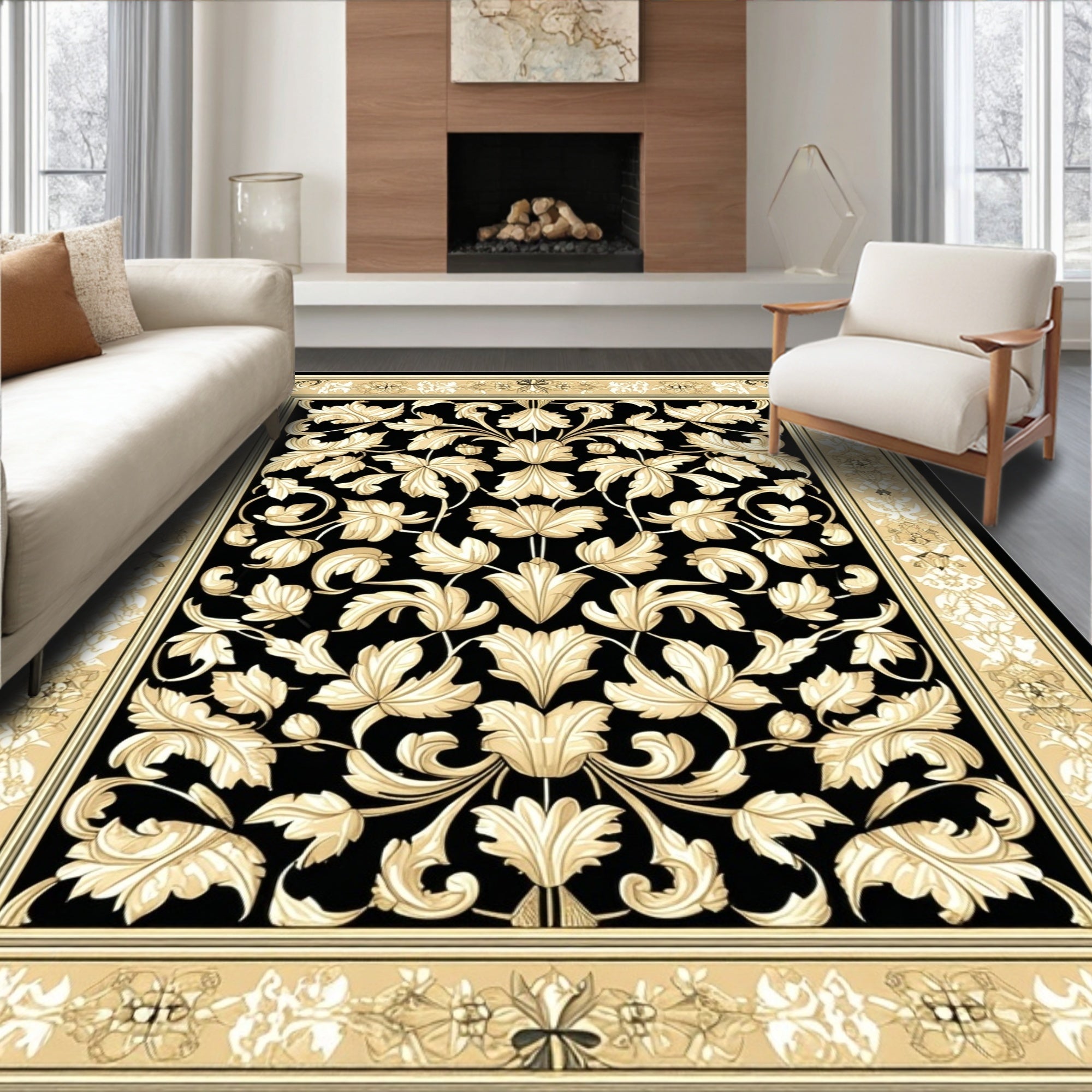 Rich Black Gold Floral Damask Rug
