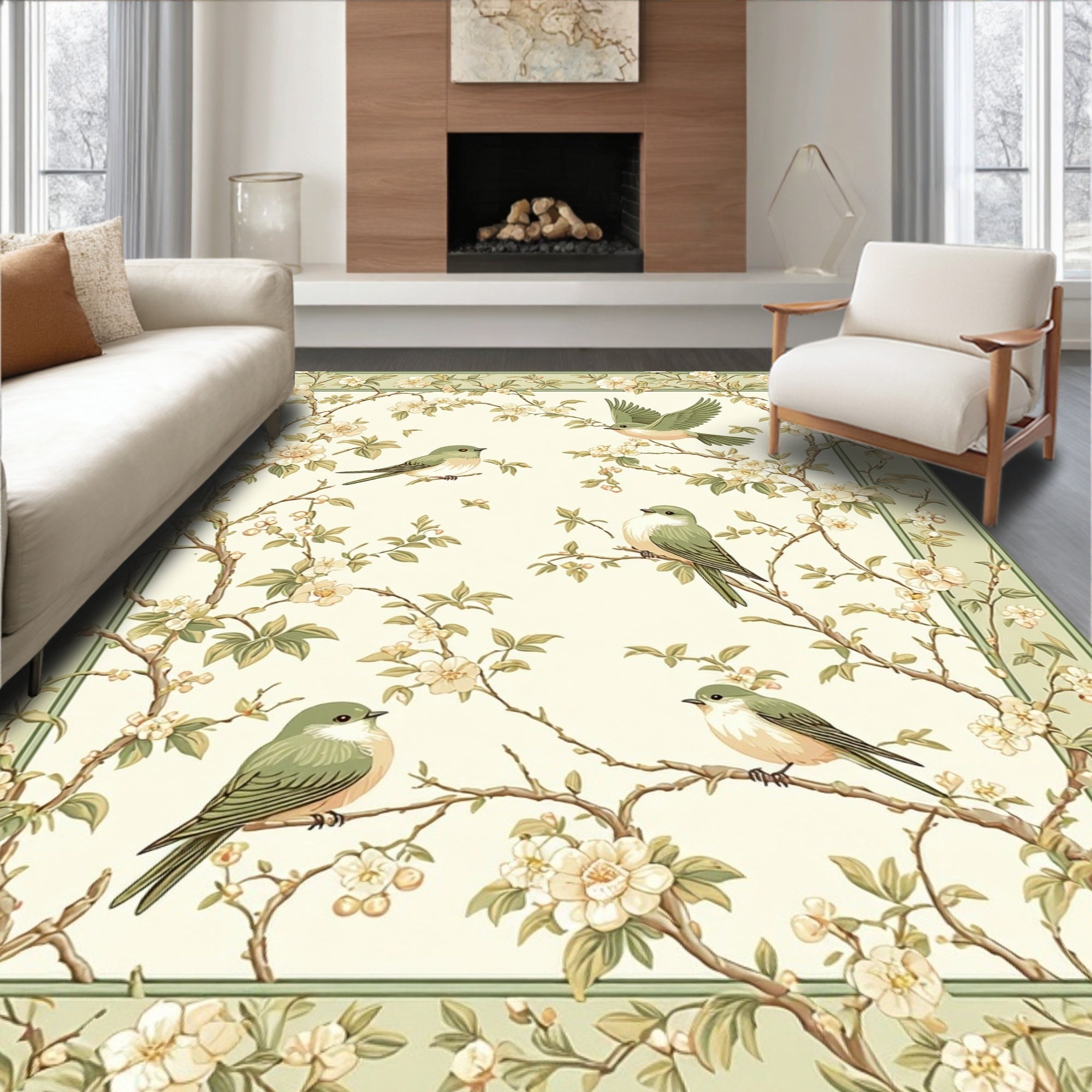Vintage Pastel Bird And Blossom Design Rug