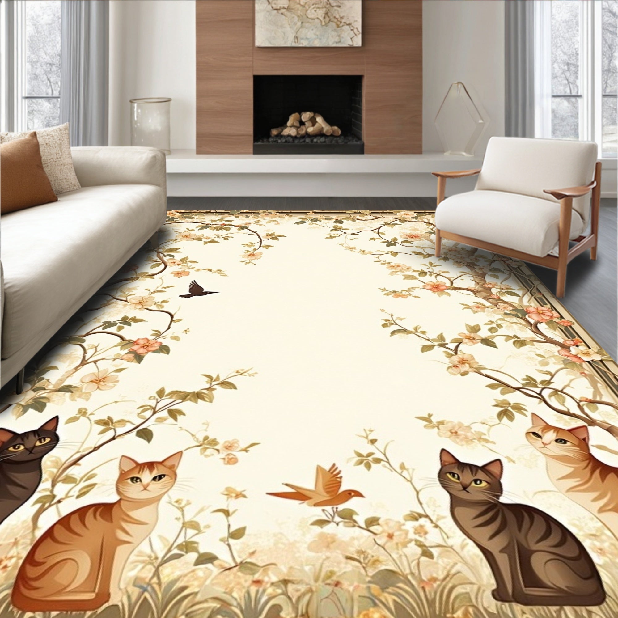 Floral Branches Curious Cats Rug