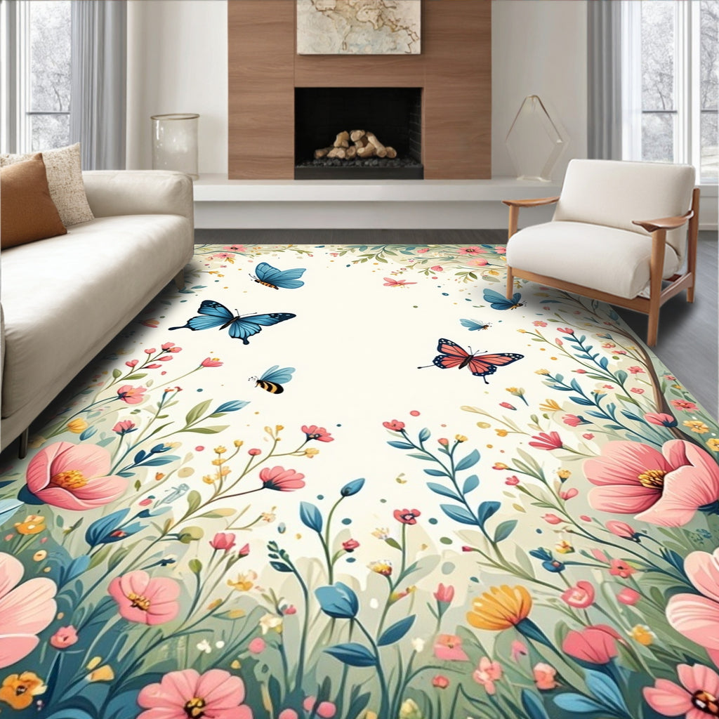 Springtime Floral Butterfly Garden Rug