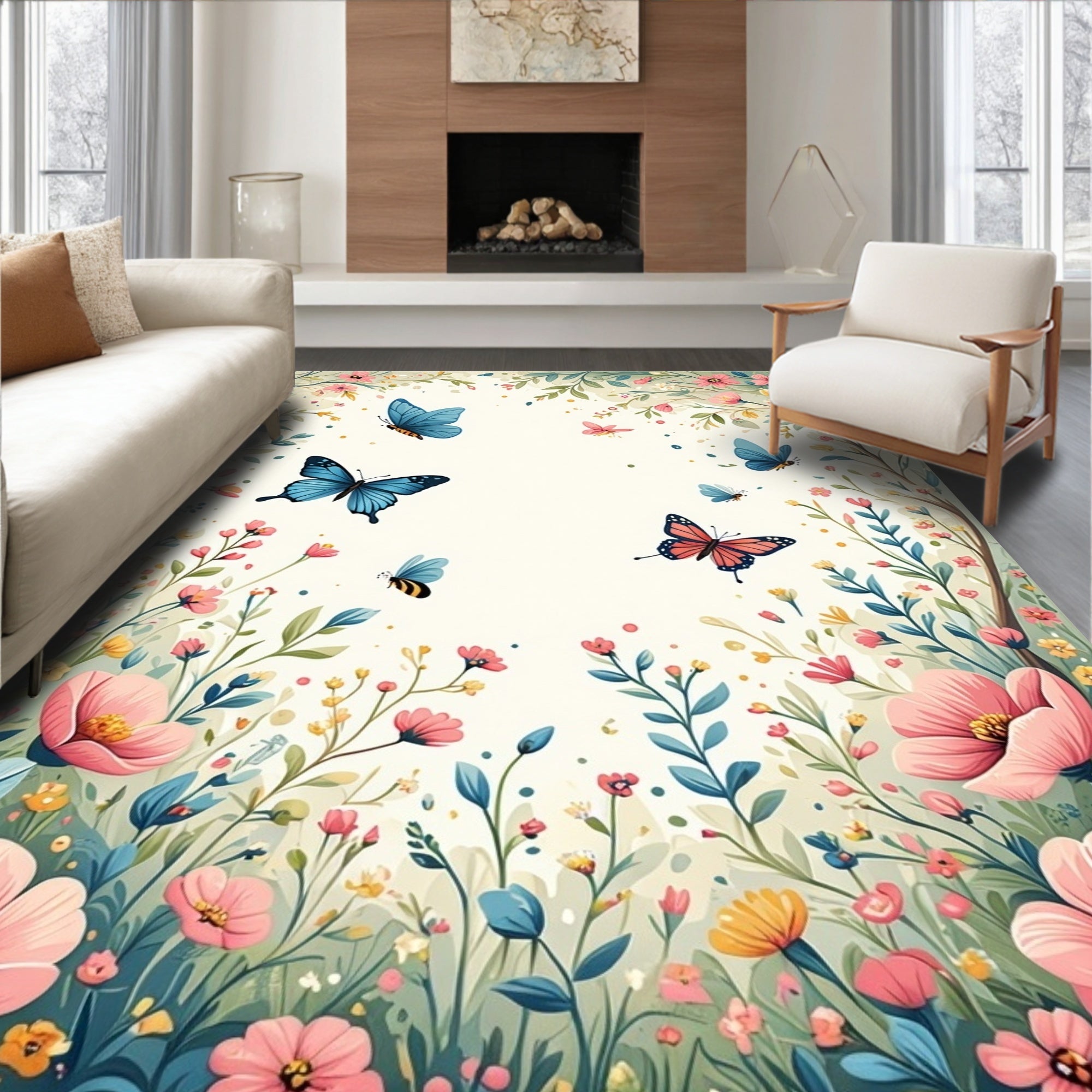 Springtime Floral Butterfly Garden Rug