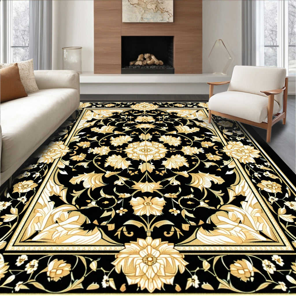 Elegant Black Gold Floral Pattern Rug