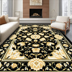 Elegant Black Gold Floral Pattern Rug