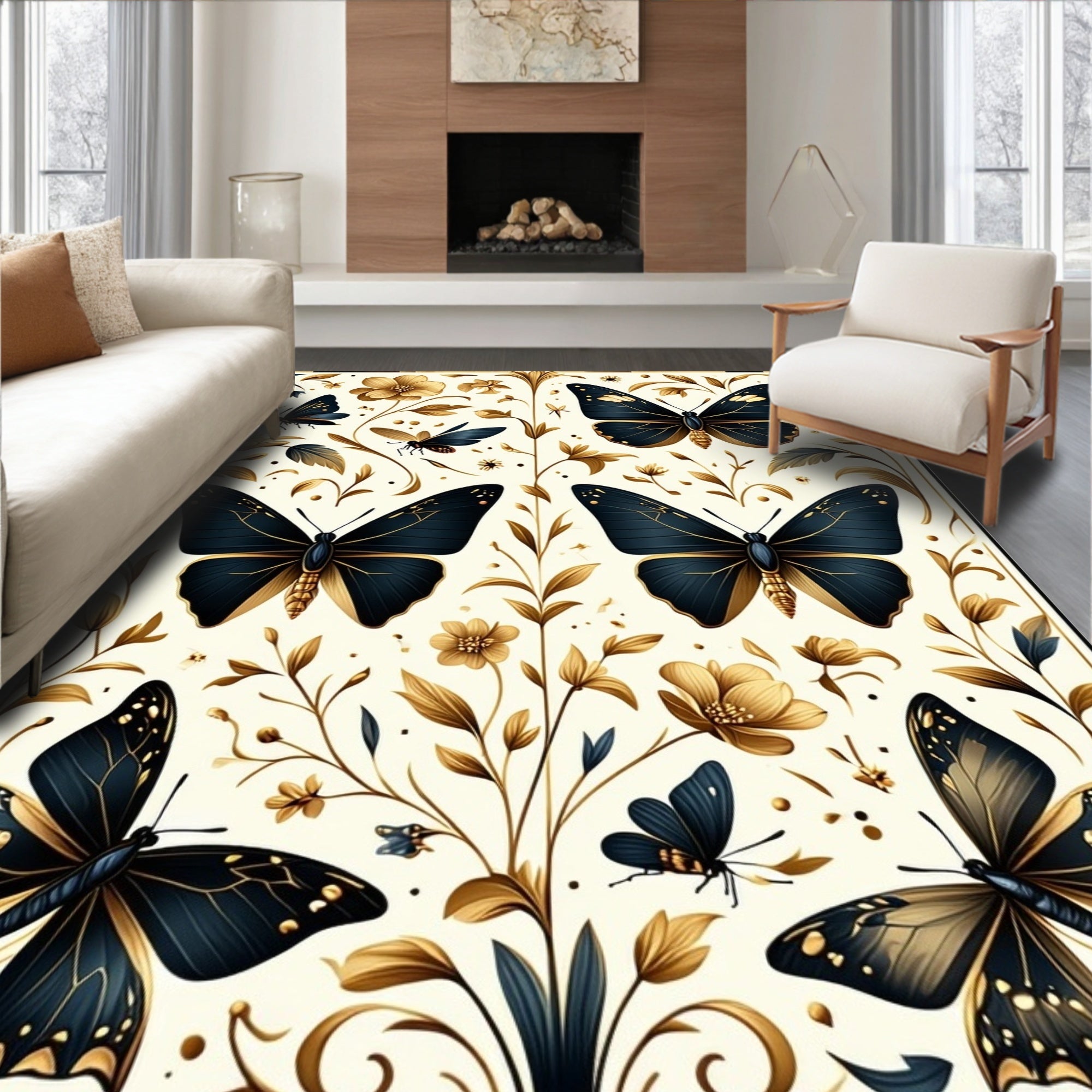 Dark Blue Gold Floral Butterfly Pattern Rug