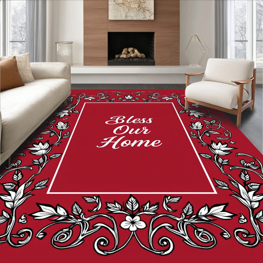 Red Floral Scroll Vine Pattern Rug