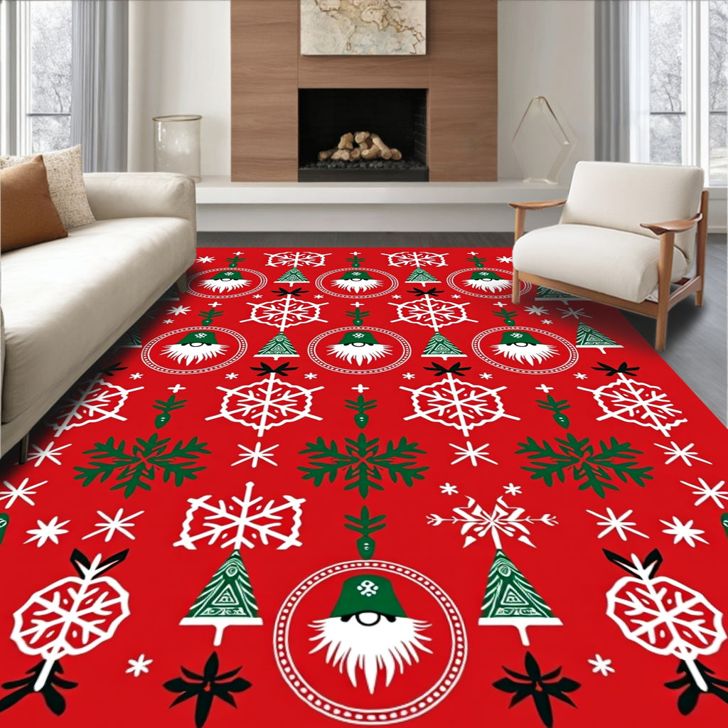 Festive Red White Green Gnome Trees Rug