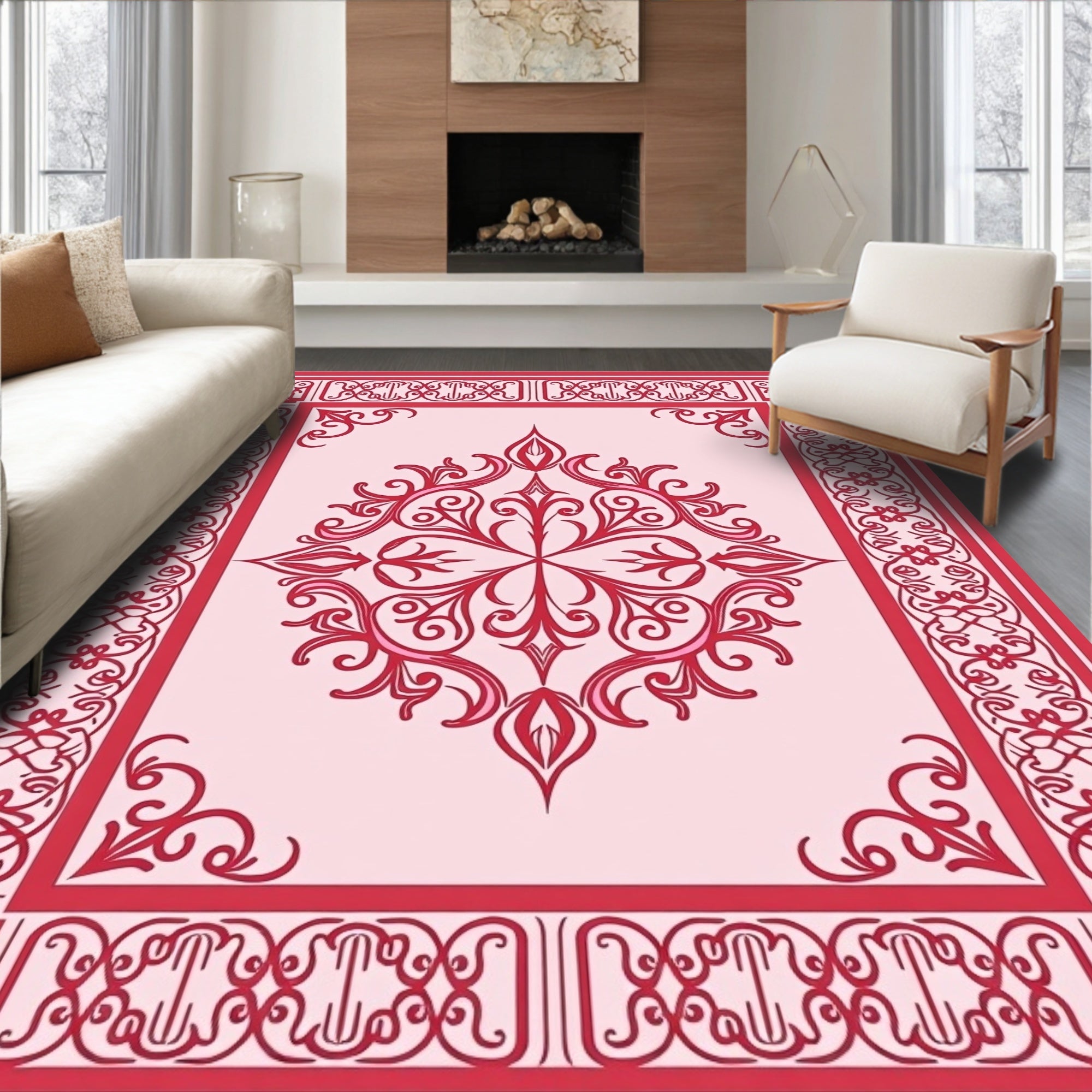 Ornate Red Floral Medallion Pattern Rug
