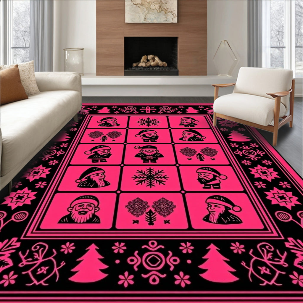 Whimsical Santa Christmas Trees Snowflakes Rug