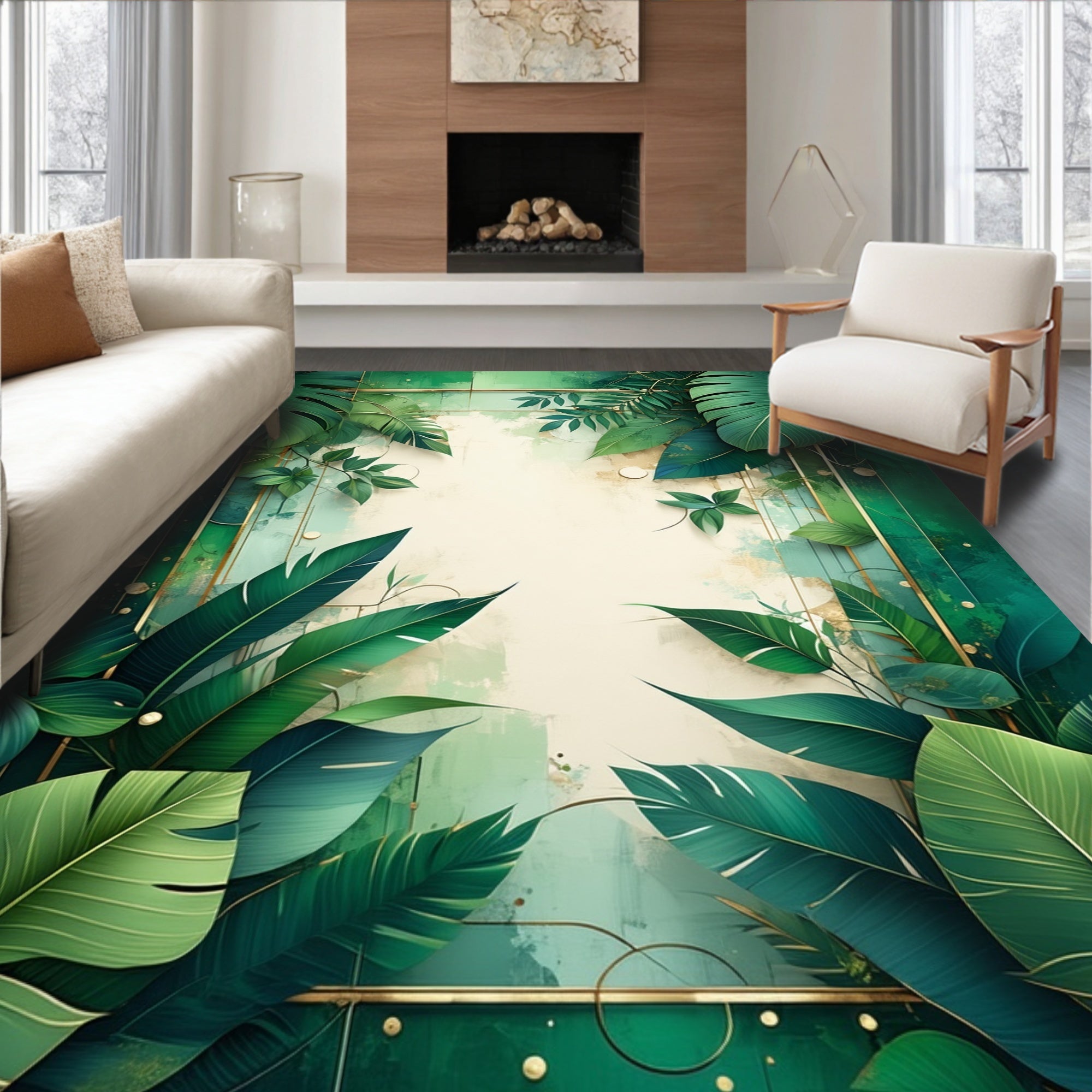 Lush Green Tropical Foliage Design Rug