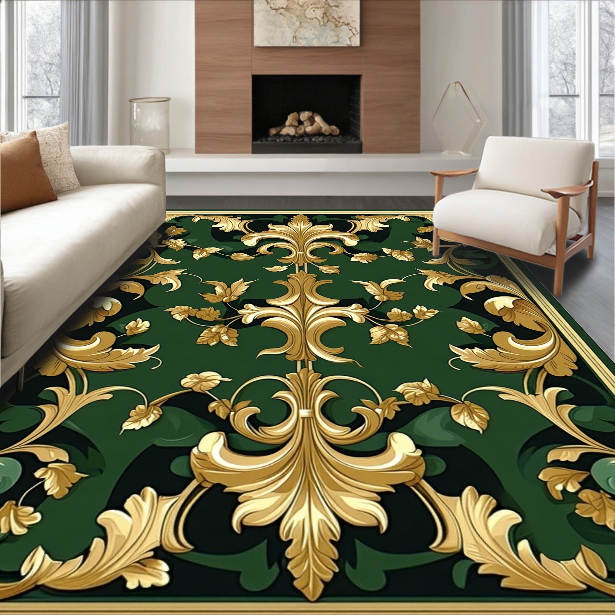 Opulent Gold Floral Green Contemporary Design Rug