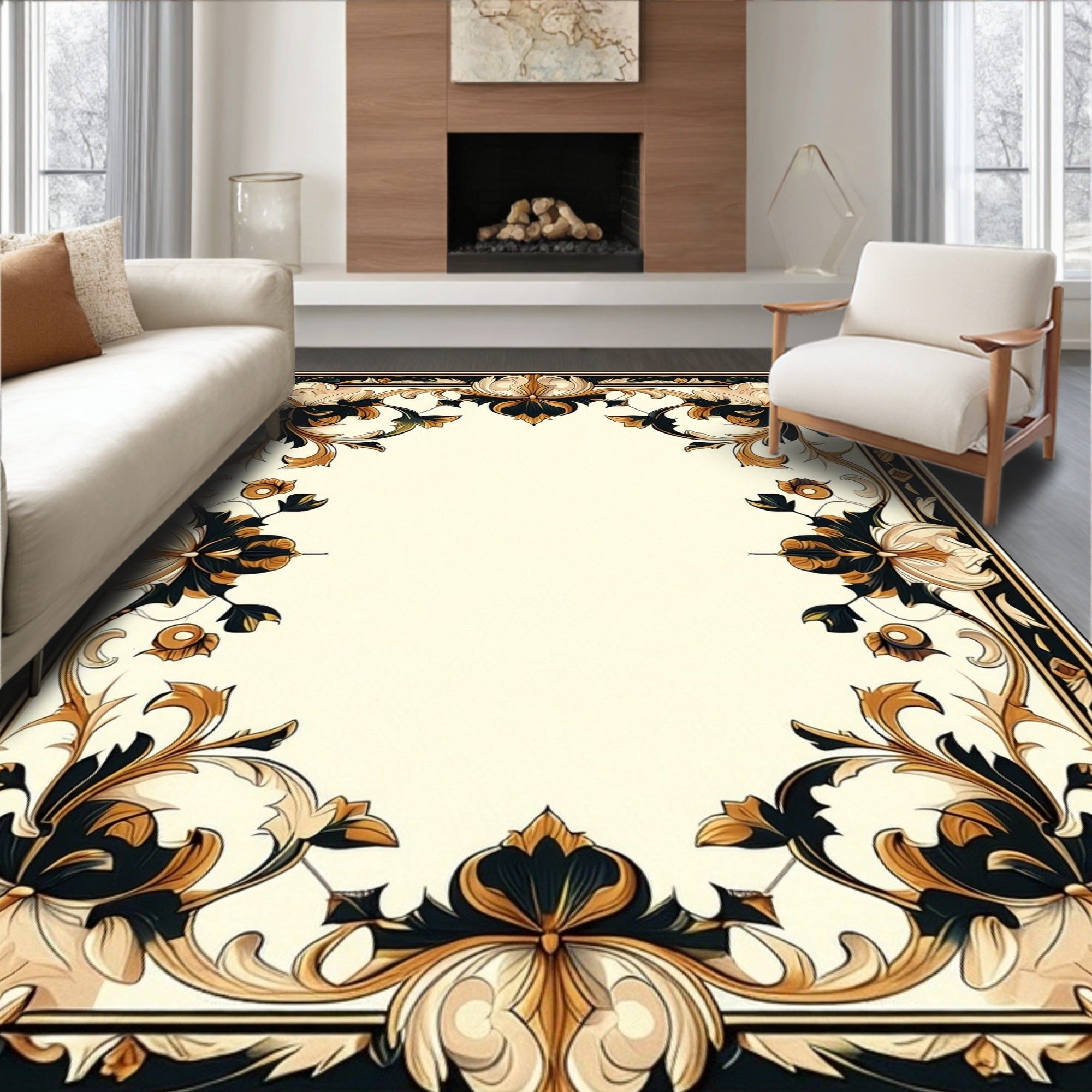 Ornate Floral Scrollwork Frame Design Rug