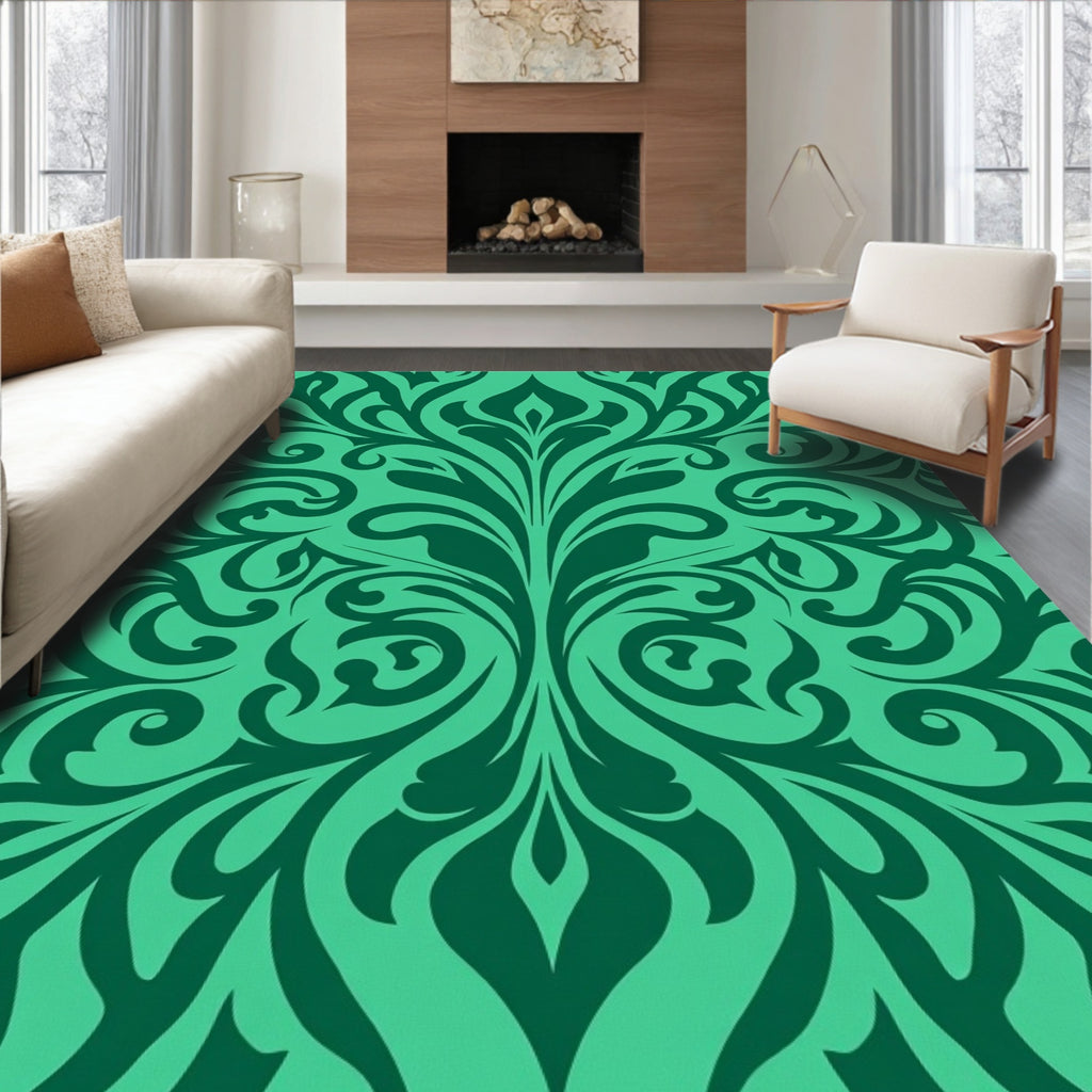 Emerald Green Floral Damask Rug