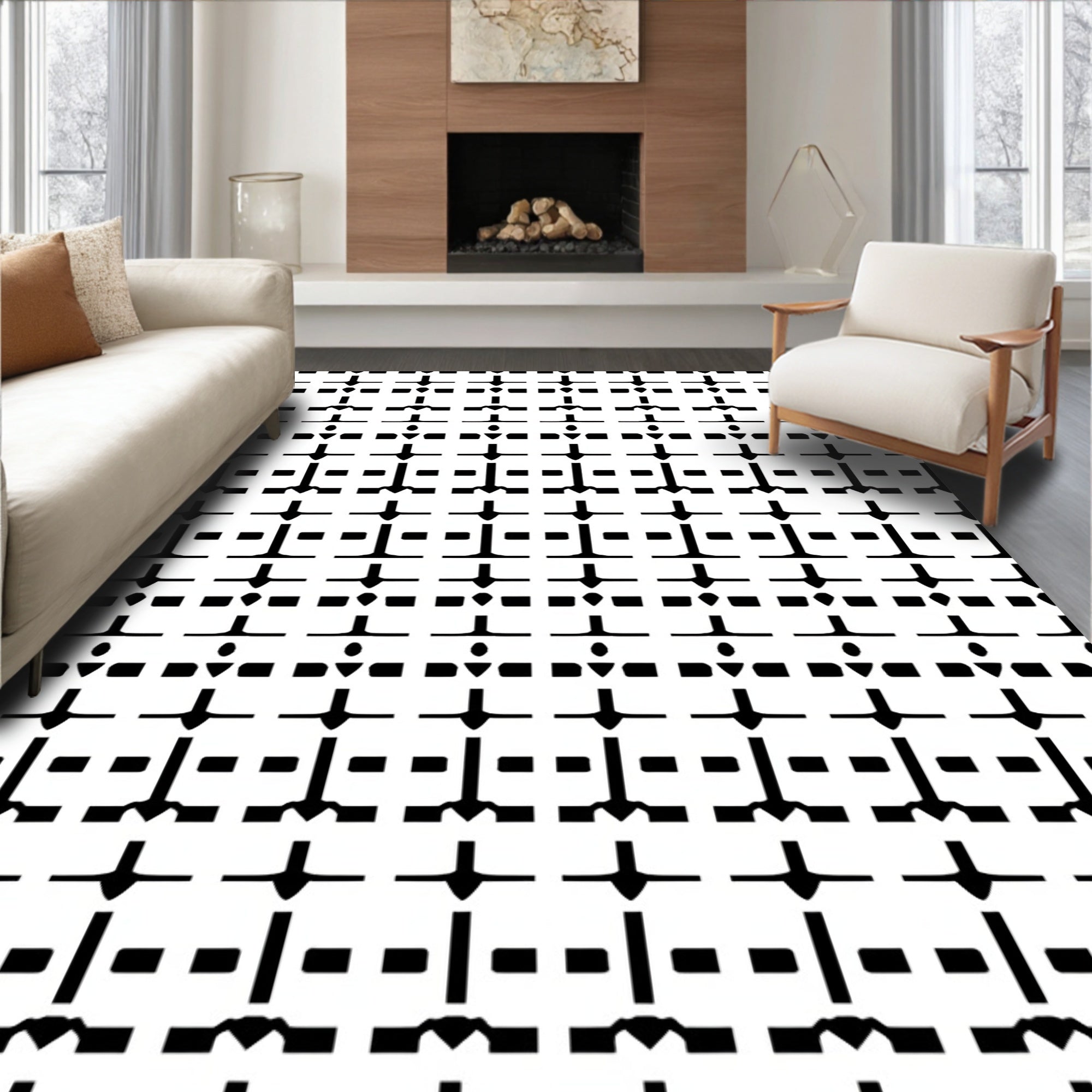 Minimalist Geometric Black White Pattern Rug