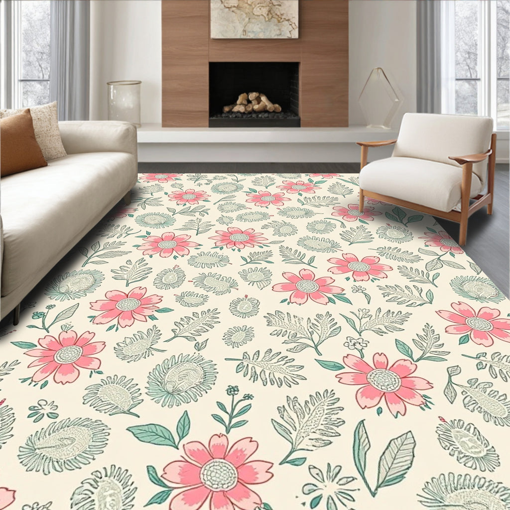 Pink Floral Meadow Pattern Rug