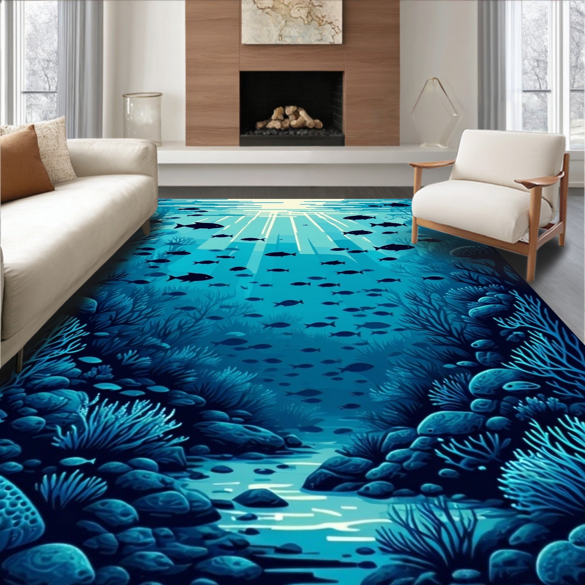 Deep Blue Fish Coral Reef Pattern Rug