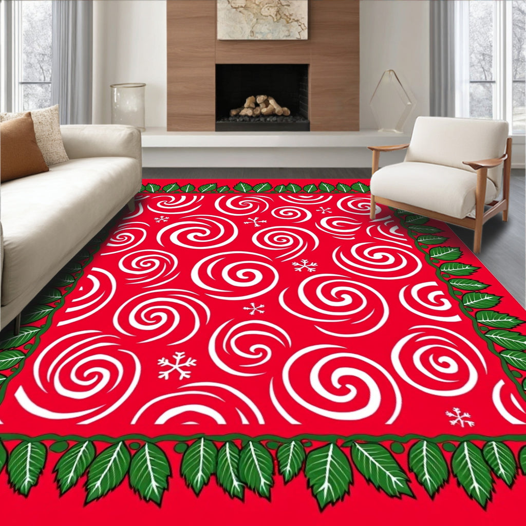 Red White Swirl Snowflakes Holly Border Rug