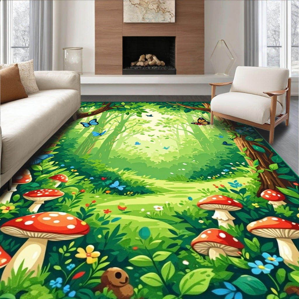 Enchanted Forest Butterfly Mushroom Design Rug