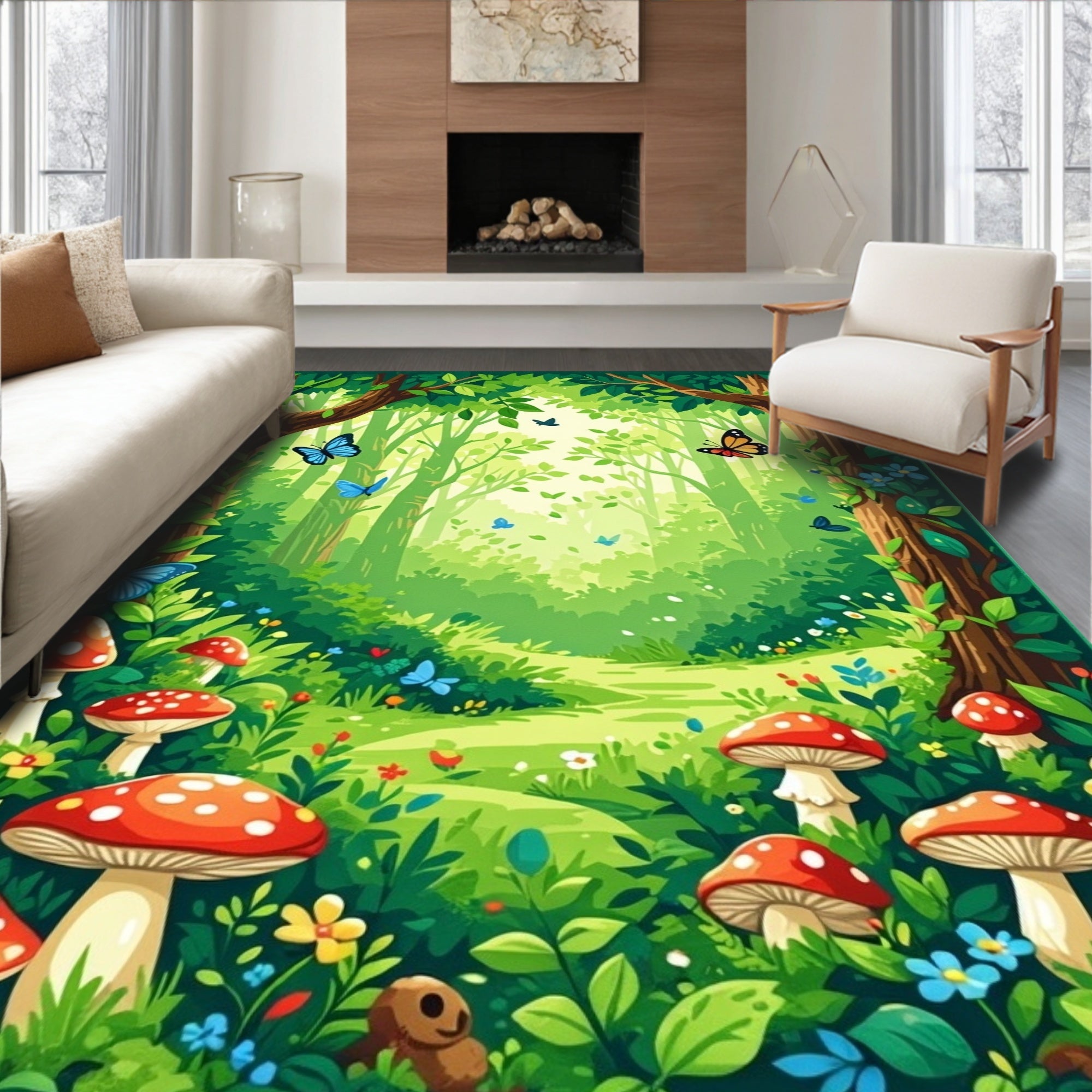Enchanted Forest Butterfly Mushroom Design Rug