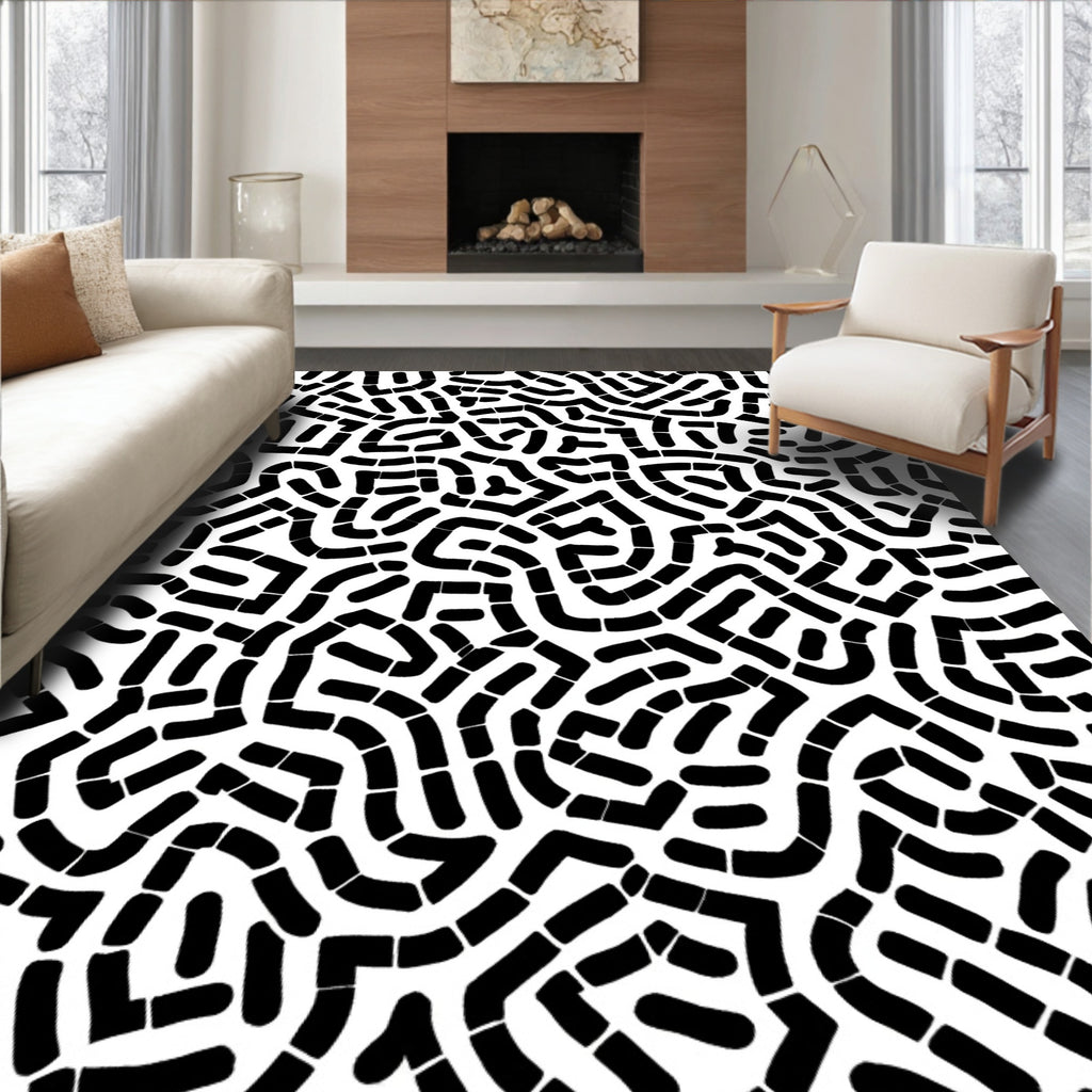 Abstract Black White Line Pattern Rug