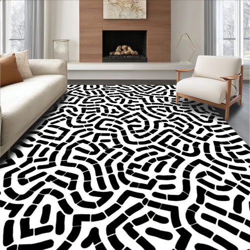 Abstract Black White Line Pattern Rug
