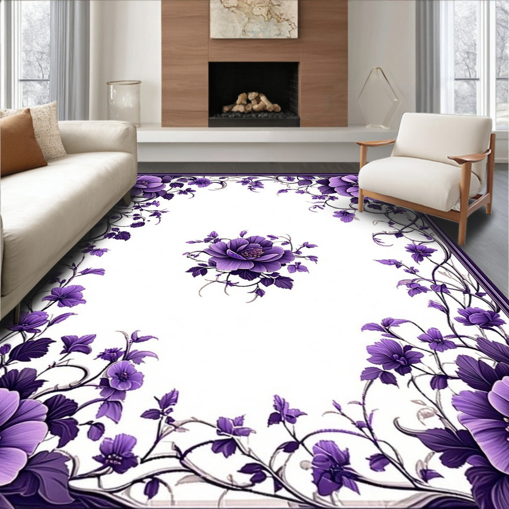 Elegant Purple Floral Vine Frame Rug