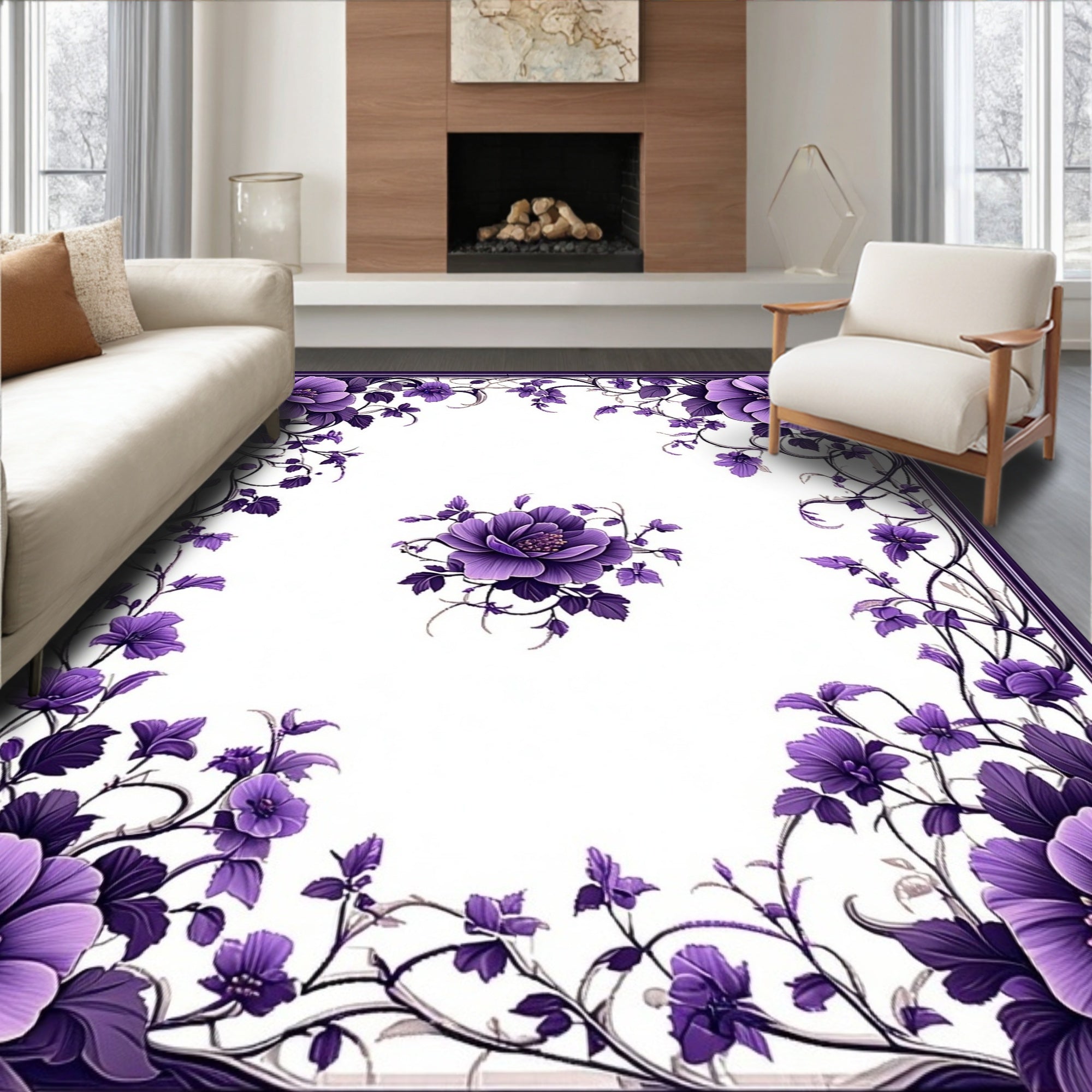 Elegant Purple Floral Vine Frame Rug