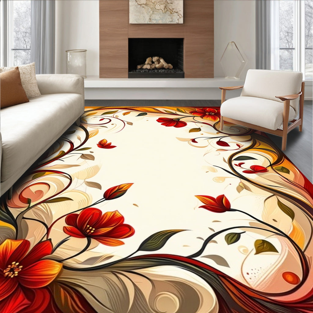 Bold Red Floral Swirl Pattern Rug