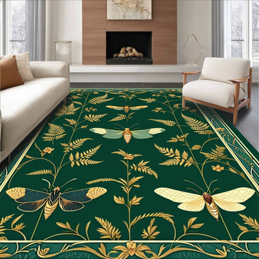 Elegant Gold Fern Moth Pattern Rug
