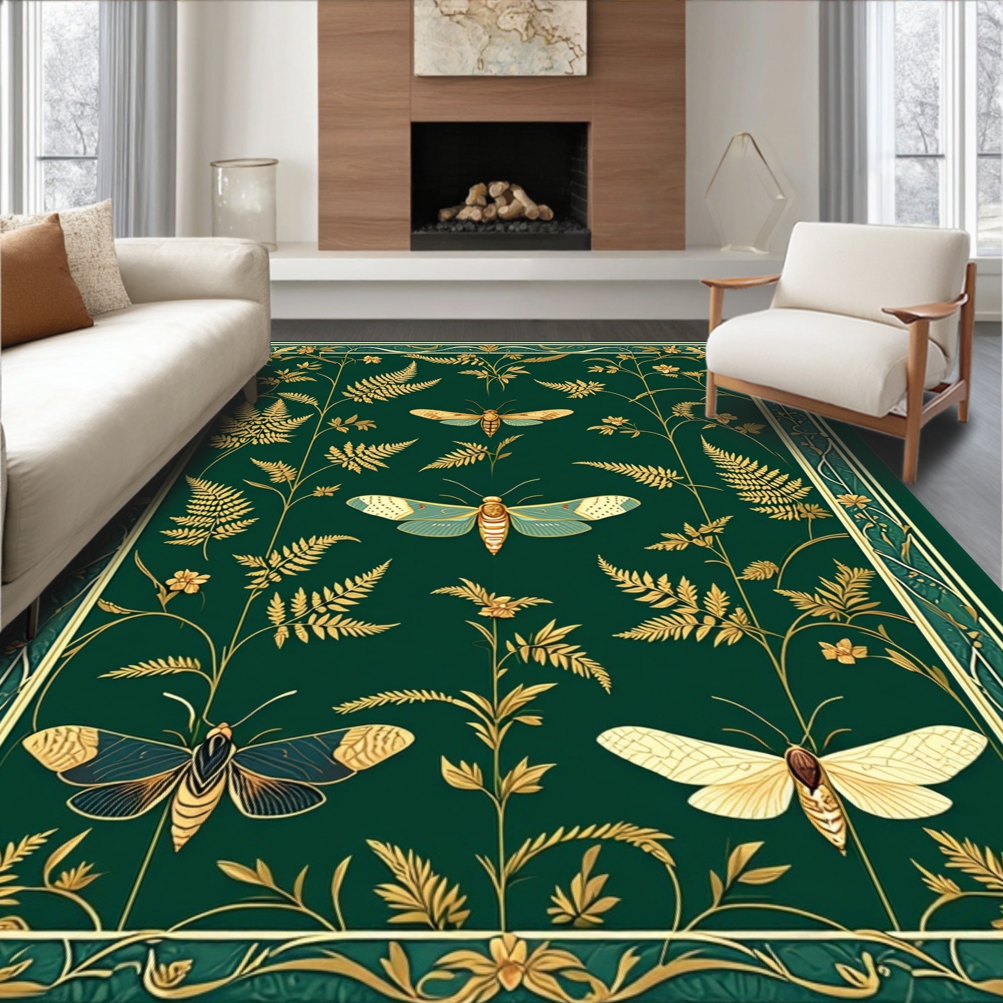 Elegant Gold Fern Moth Pattern Rug