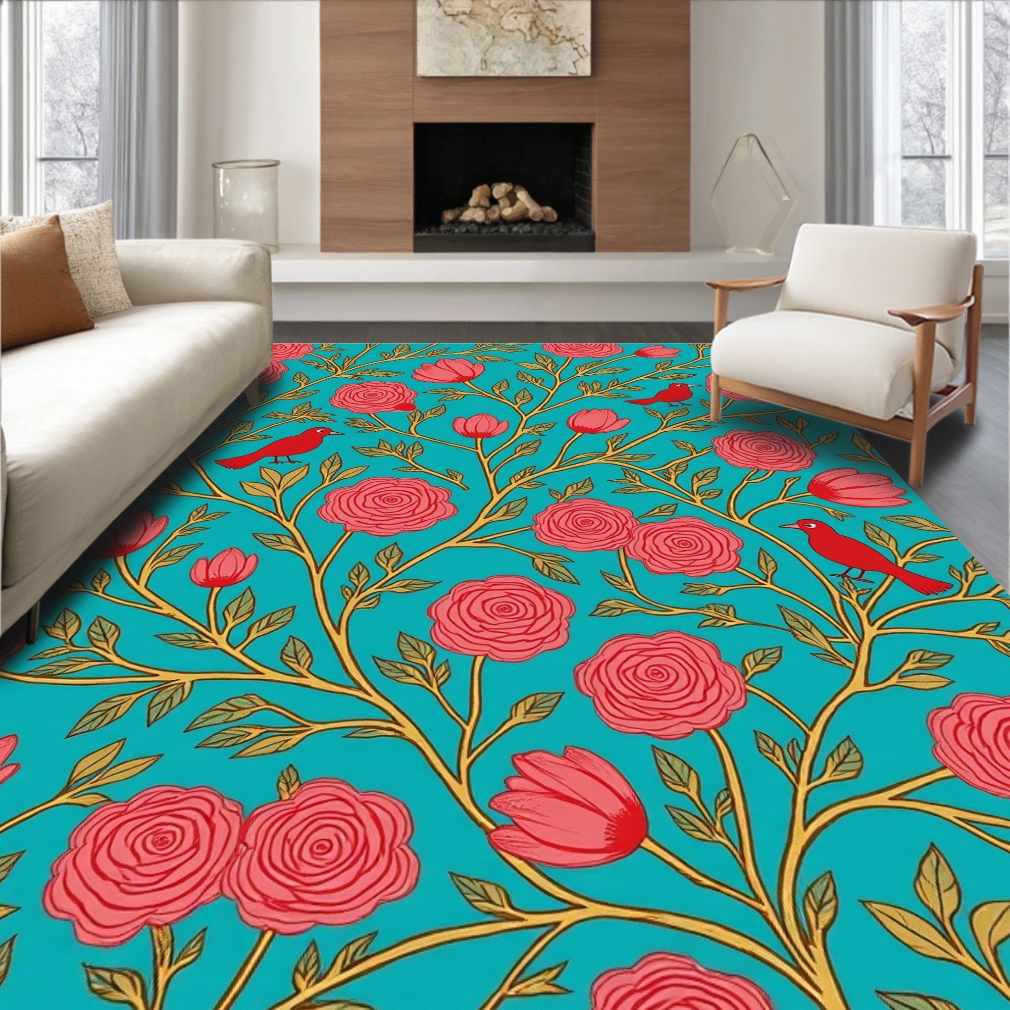 Floral Bird Branch Patterned Teal Rug