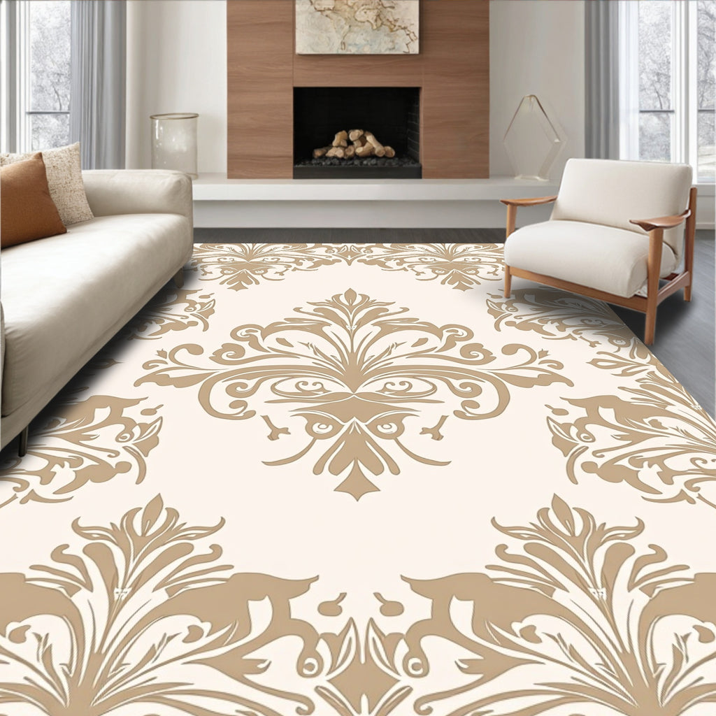 Classic Beige Floral Scroll Pattern Rug