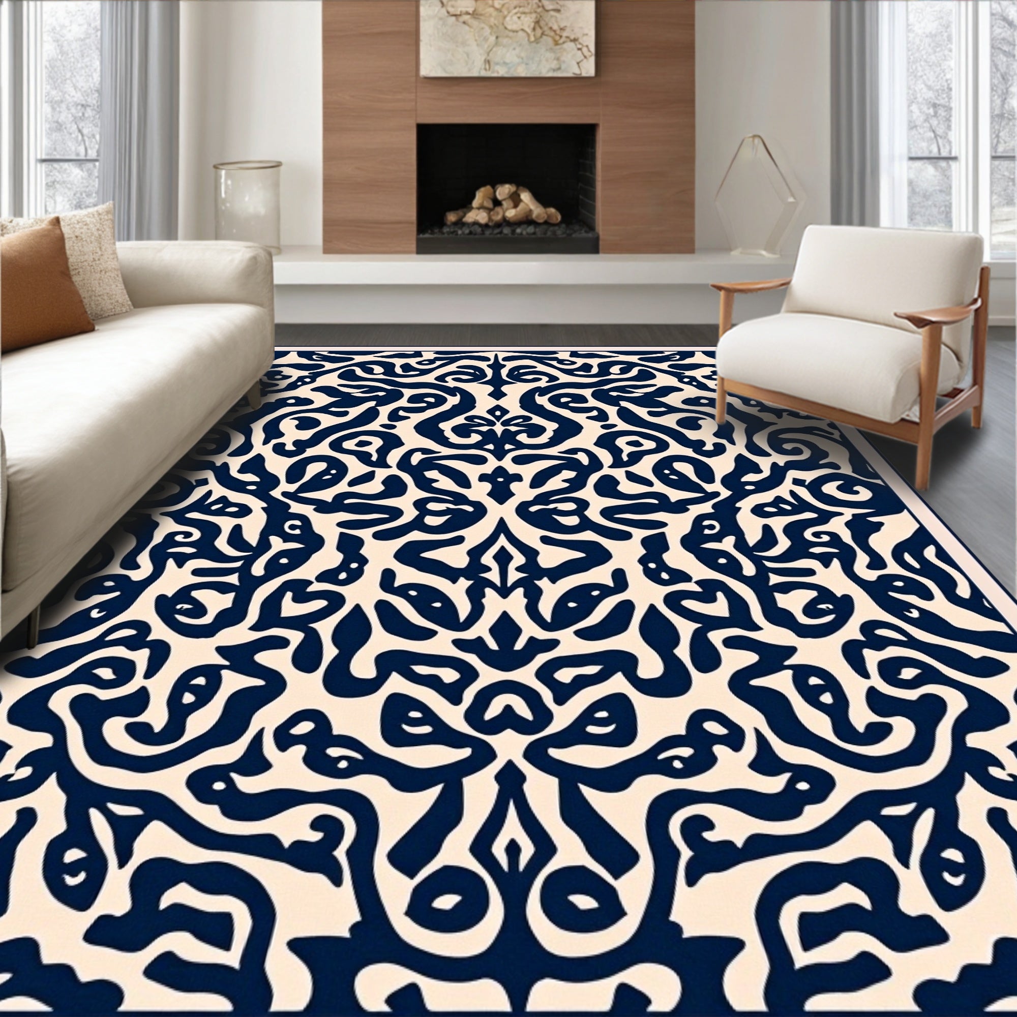 Ornate Navy Cream Scrollwork Pattern Rug