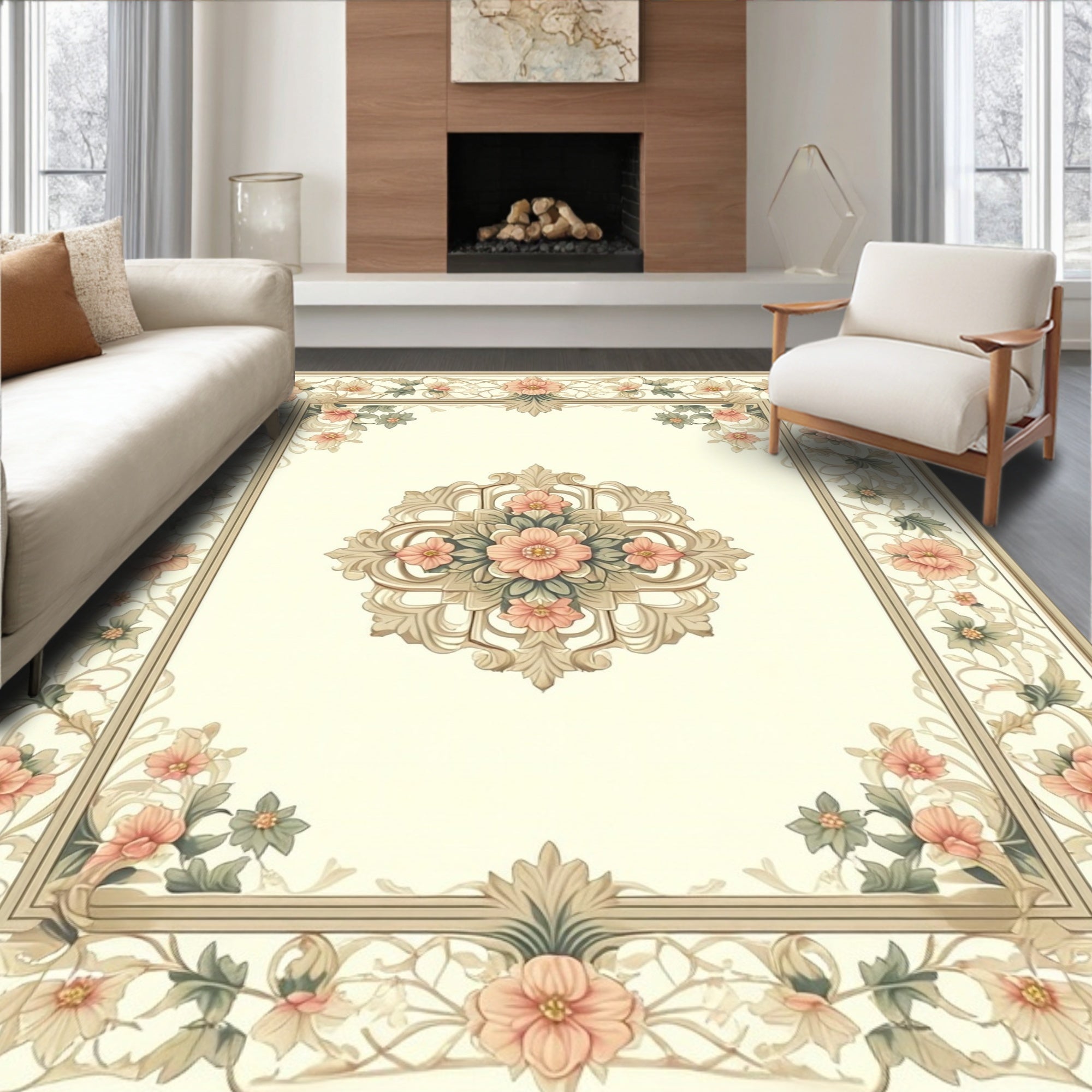 Ornate Floral Medallion Border Rug